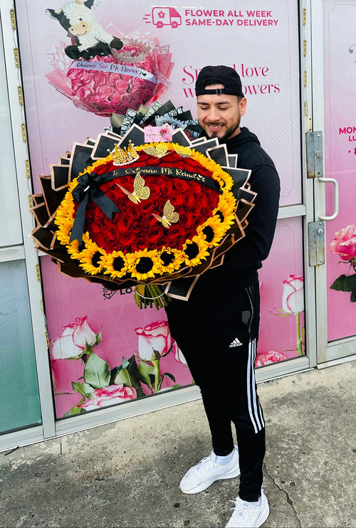 100 Red Roses + Sunflowers