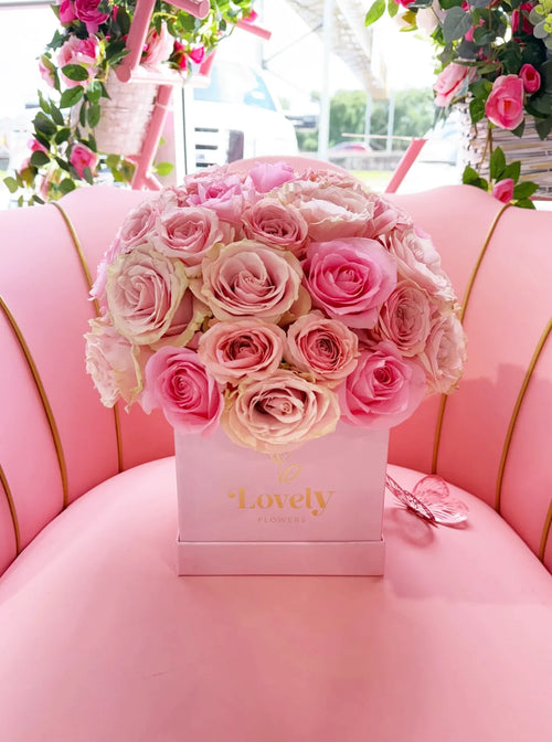 Elegant Pink Square Box with 25 Pink Roses