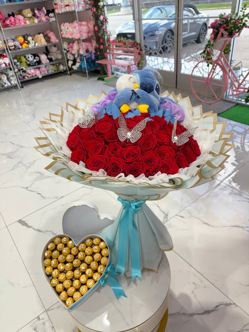 50 Red Stitch Roses + Heart chocolate box