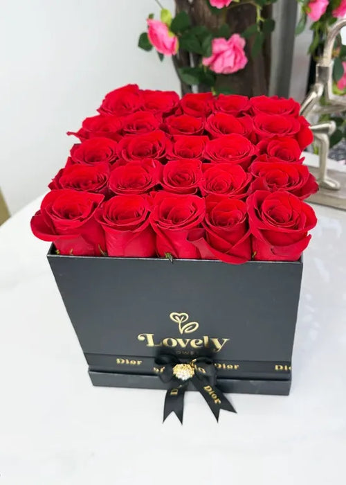 Black Square Box with 25 Red Roses