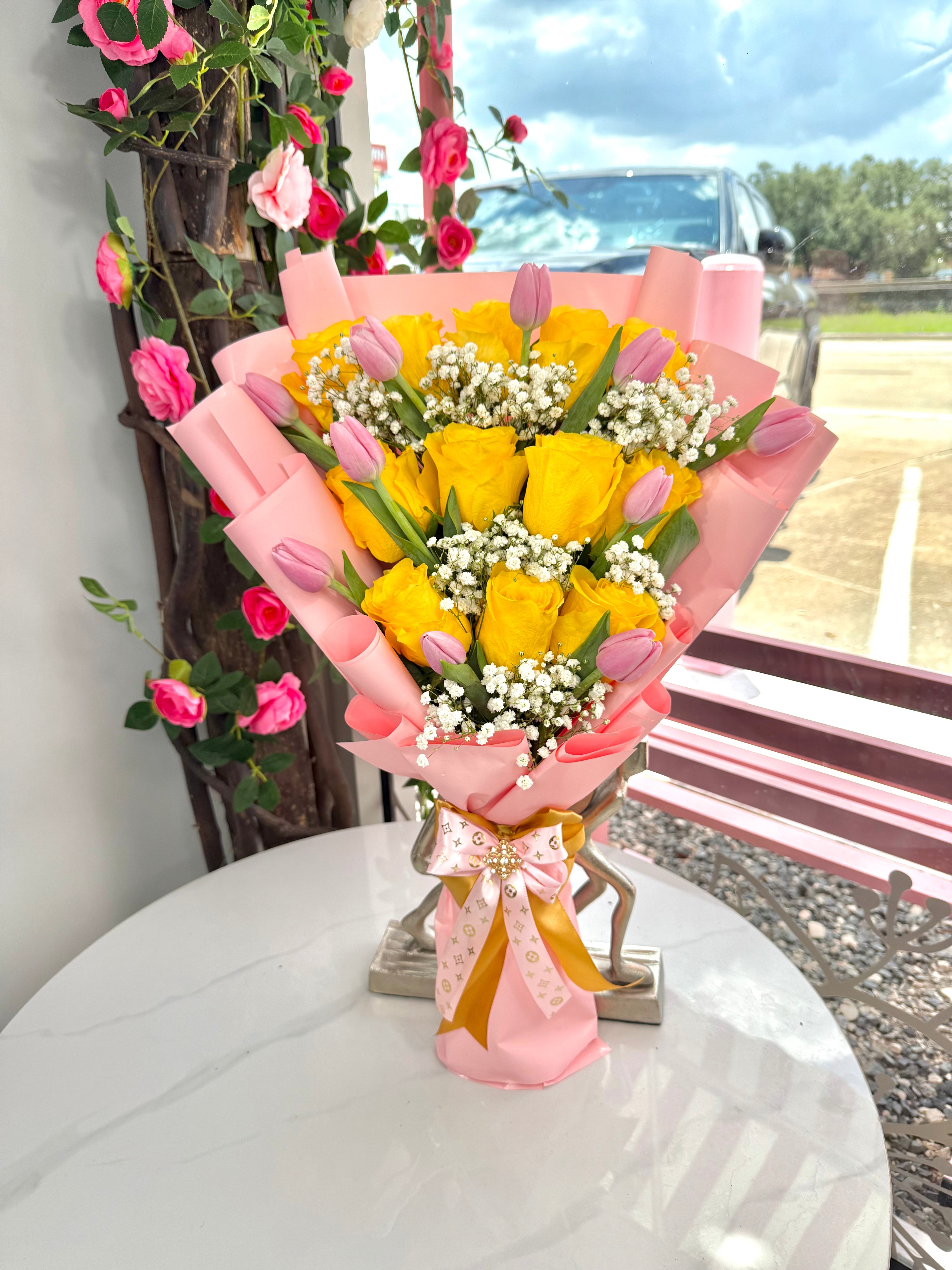 12 Yellow Roses + 10 Tulips