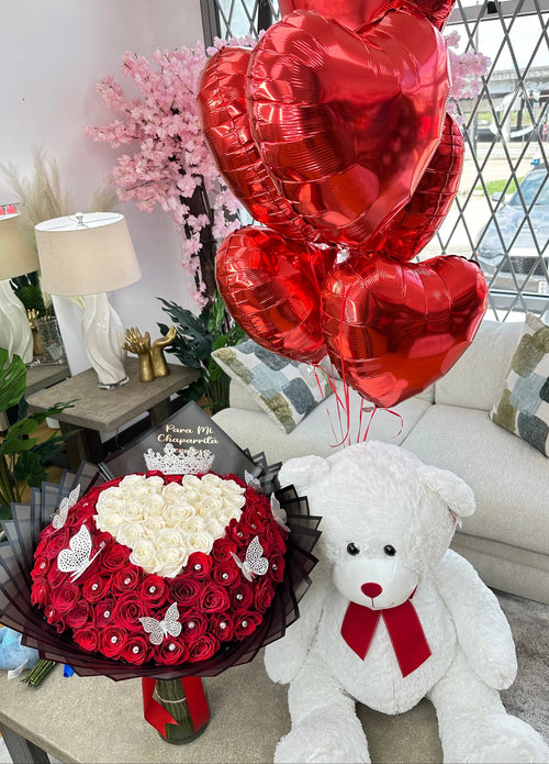 100 Roses + White Heart (Black Wrapping Black Edge)