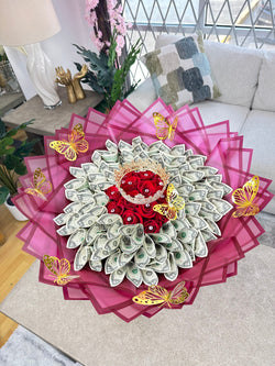 red rose money bouquet