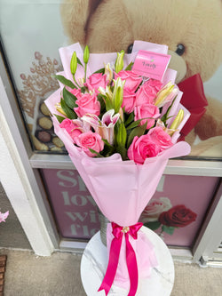 12 Roses + 10 Lilies Bouquet