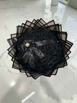 50 Black Roses with Glitter and triple edge bow