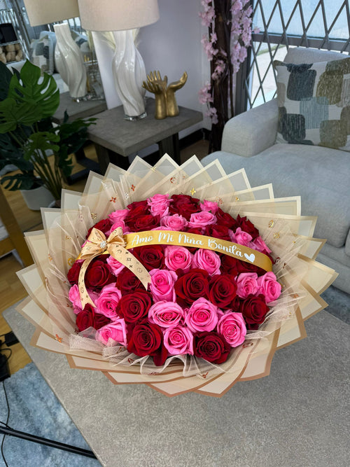 50 Red and Pink Roses + Lv Mesh