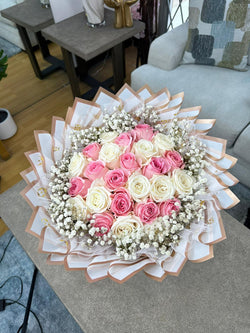 25 Pink & White Roses + Louis Vuitton Mesh + Baby breath