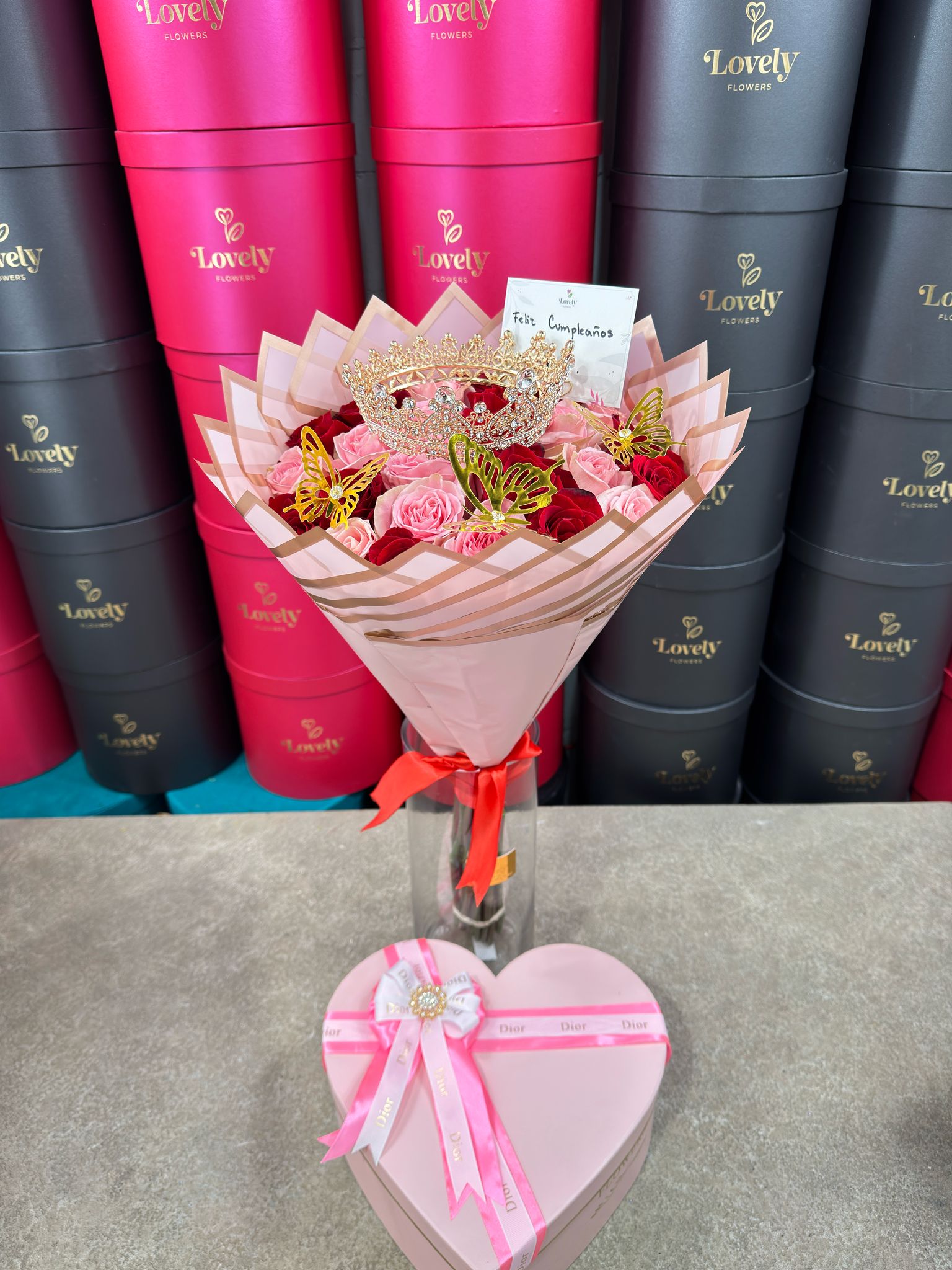25 Red and Pink Roses + Crown + Butterflies + Heart Chocolate box