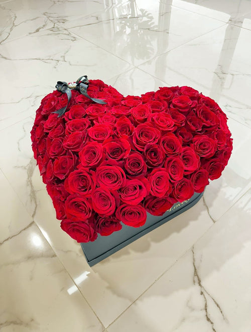 Medium Black Heart Box with 100 Red Roses