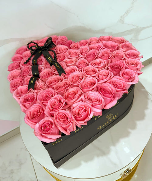 Medium Black Heart Box with 65 Pink Roses