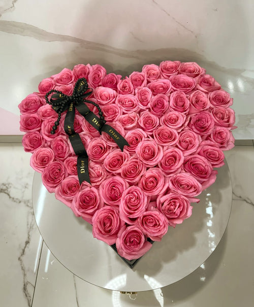 Medium Black Heart Box with 65 Pink Roses