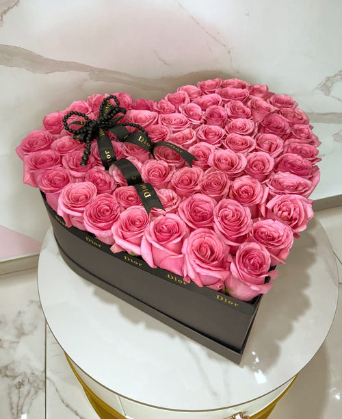 Medium Black Heart Box with 65 Pink Roses