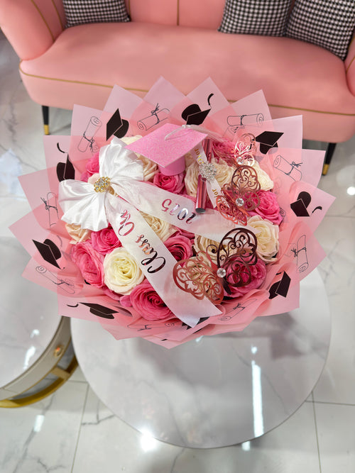 Graduation Decor 25 white & pink roses bouquet