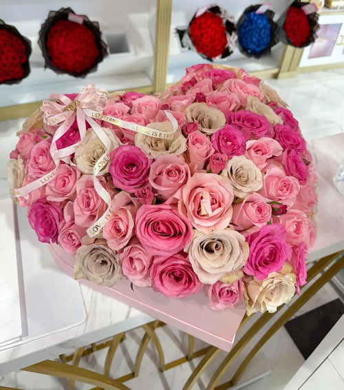 Elegant 100 Pink Rose Arrangement Medium Pink Heart Box