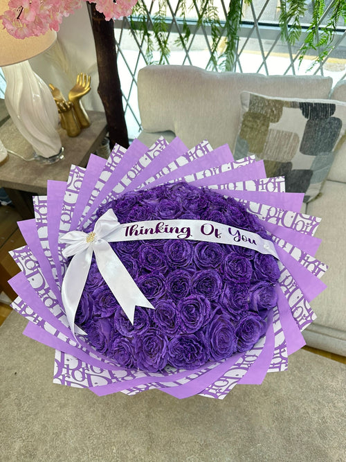 50 Glitter Purple Roses + Bow + personalized ribbon