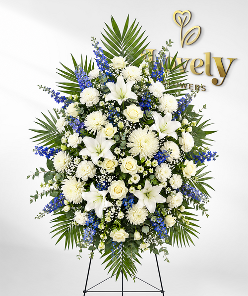 Standing Sympathy Floral Arrangement with White Lilies & Blue Delphinium