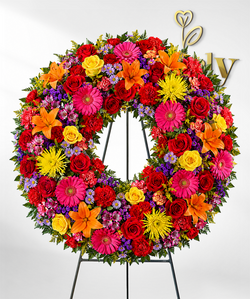 Vibrant Sympathy Floral Wreath on Stand