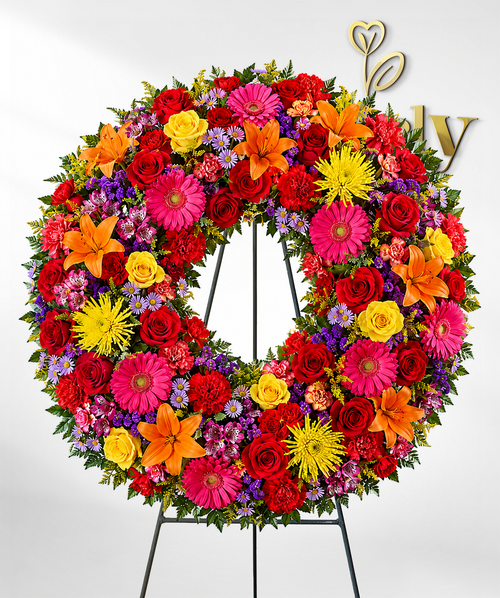 Vibrant Sympathy Floral Wreath on Stand