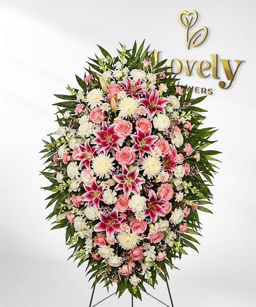 Standing Sympathy Arrangement with Pink Roses & Stargazer Lilies