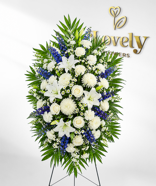 Standing Sympathy Floral Arrangement with White Lilies & Blue Delphinium