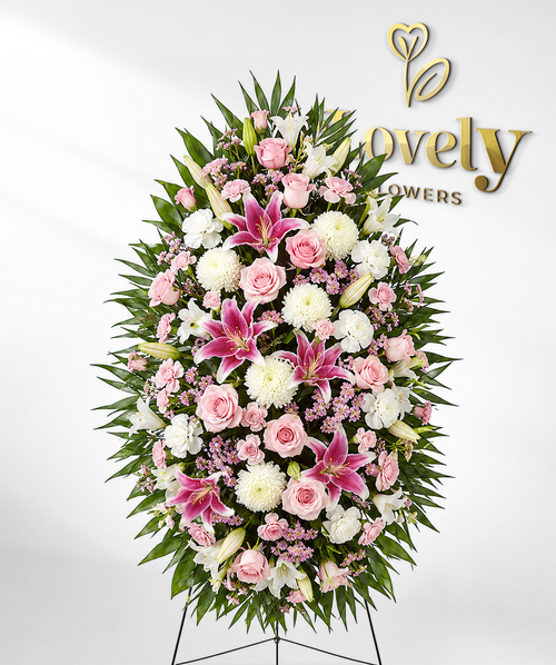 Standing Sympathy Arrangement with Pink Roses & Stargazer Lilies