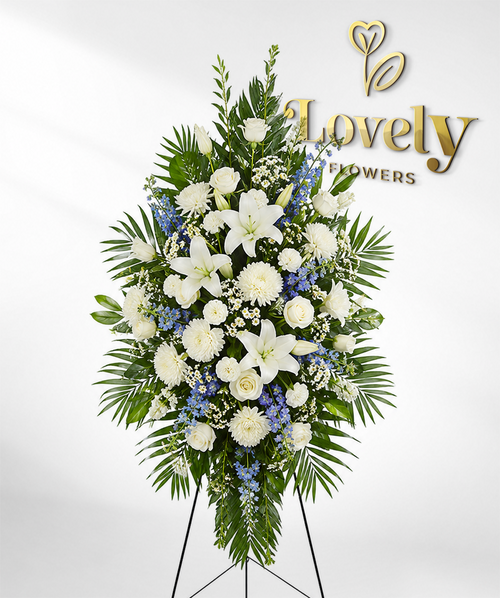 Standing Sympathy Floral Arrangement with White Lilies & Blue Delphinium