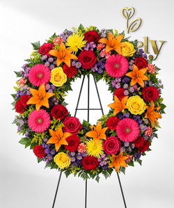Vibrant Sympathy Floral Wreath on Stand