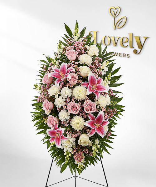 Standing Sympathy Arrangement with Pink Roses & Stargazer Lilies