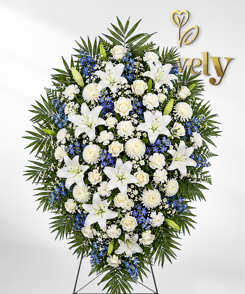 Standing Sympathy Floral Arrangement with White Lilies & Blue Delphinium