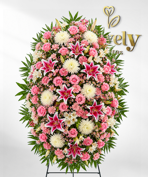 Standing Sympathy Arrangement with Pink Roses & Stargazer Lilies