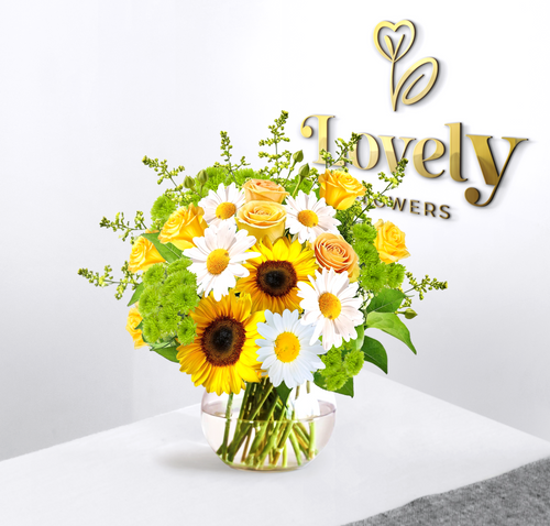 Premium Sunflower, daisy and Yellow Rose Bouquet in Glass Vase