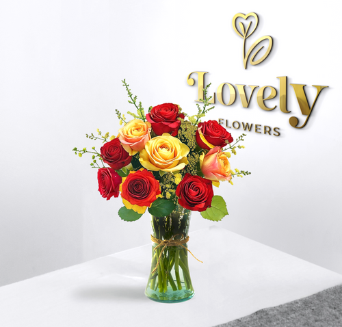Premium Red and Yellow Rose Bouquet in Glass Vase